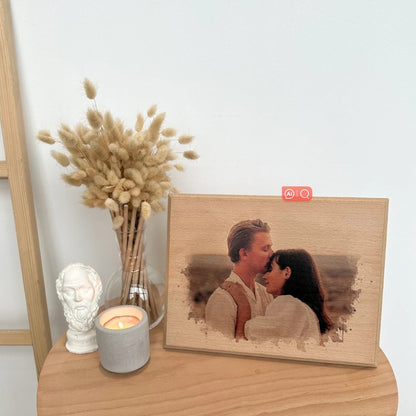 Personalized Portrait from Photo as Long Distance Gift Engraved Photo on Wood with Watercolor Style